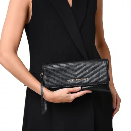 Bolsa Jorge Bischoff Clutch Feminina Matelassê Preto Couro