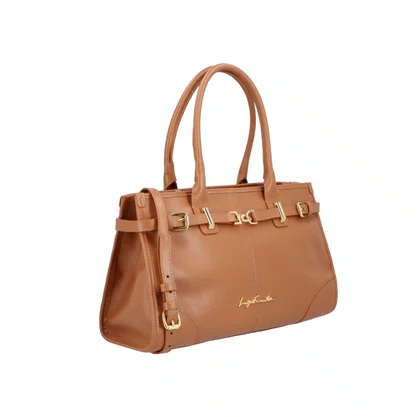 Bolsa Luiza Barcelos Feminina Caramelo Couro Fivela Dourada - Média 