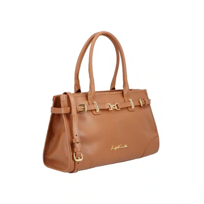 Bolsa Luiza Barcelos Feminina Caramelo Couro Fivela Dourada - Média 