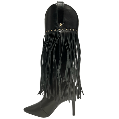 Bota Berti Maria Feminina Cano longo Franja Preto Couro