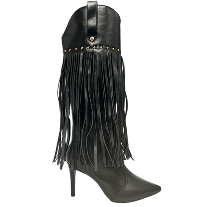 Bota Berti Maria Feminina Cano longo Franja Preto Couro