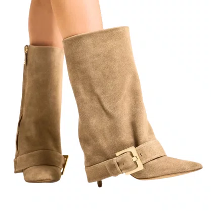 Bota Cecconello Feminina Cano Médio Latte Couro Camurça
