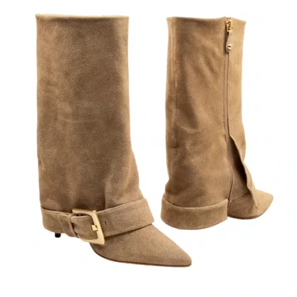 Bota Cecconello Feminina Cano Médio Latte Couro Camurça