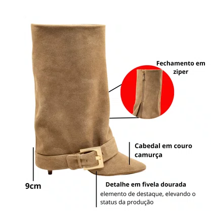 Bota Cecconello Feminina Cano Médio Latte Couro Camurça