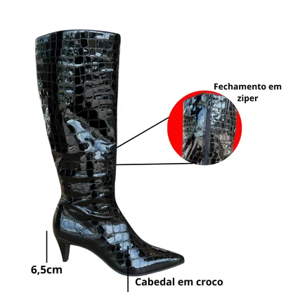 Bota Jorge Bischoff Feminina Cano Alto Preta Couro Croco