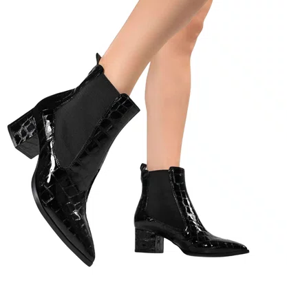 Bota Jorge Bischoff Feminina Cano Baixo Preta Couro Croco