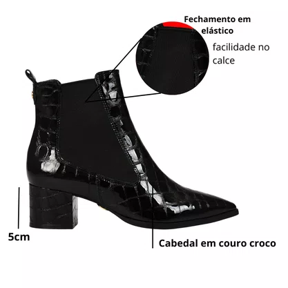 Bota Jorge Bischoff Feminina Cano Baixo Preta Couro Croco