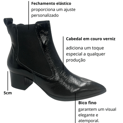 Bota Jorge Bischoff Feminina Cano Baixo Preto Couro Verniz