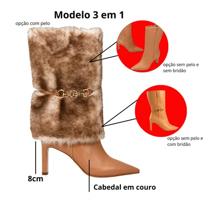 Bota Jorge Bischoff Feminina Cano Longo Pelo Removível Caramelo Couro