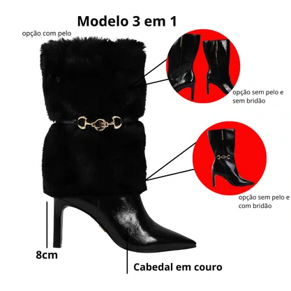 Bota Jorge Bischoff Feminina Cano Longo Pelo Removível Preto Couro