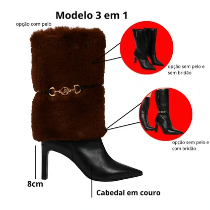 Bota Jorge Bischoff Feminina Cano Longo Pelo Removível Preto Marrom Couro