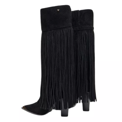 Bota Lança Perfume Feminina Cano Longo Franja Preta Couro Camurça