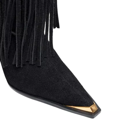 Bota Lança Perfume Feminina Cano Longo Franja Preta Couro Camurça