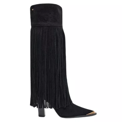 Bota Lança Perfume Feminina Cano Longo Franja Preta Couro Camurça