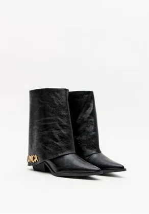 Bota Lança perfume Feminina Fold Over Preto Couro