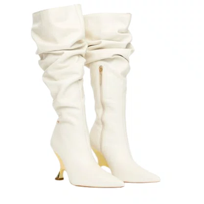 Bota lança Perfume Feminina Slouch Salto Metalizado Couro
