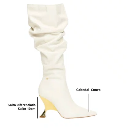 Bota lança Perfume Feminina Slouch Salto Metalizado Couro