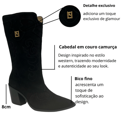 Bota Lança Perfume Feminina western Preto Couro Ccamurça