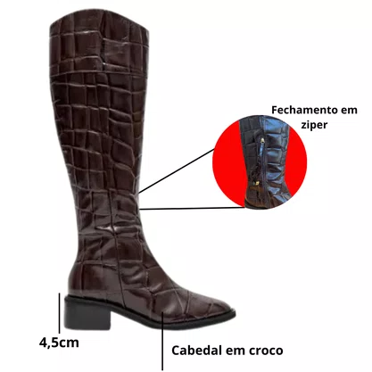Bota Lança Perfume Montaria Feminina Coffee Couro Croco