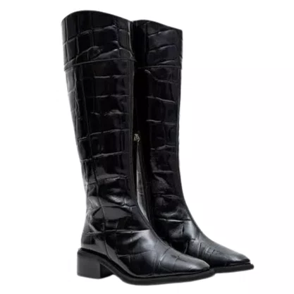 Bota Lança Perfume Montaria Feminina Preta Couro Croco