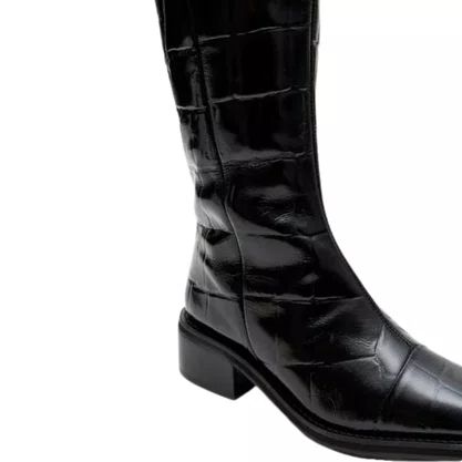 Bota Lança Perfume Montaria Feminina Preta Couro Croco