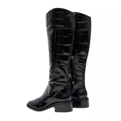 Bota Lança Perfume Montaria Feminina Preta Couro Croco