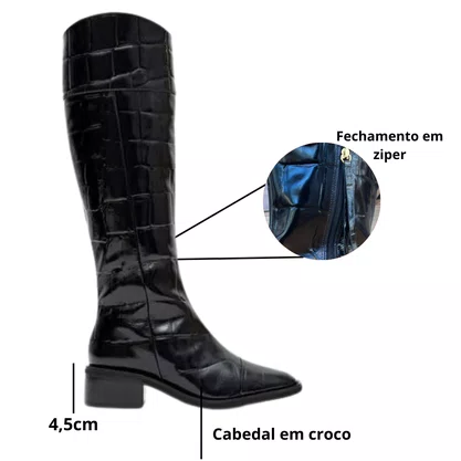 Bota Lança Perfume Montaria Feminina Preta Couro Croco