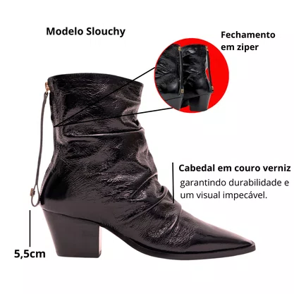Bota Lança Perfume Slouchy Feminina Preta Couro Verniz