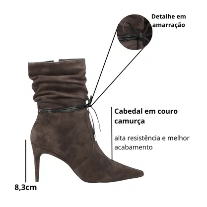 Bota Luz da Lua Feminina Cano Curto Cacau Couro Camurça