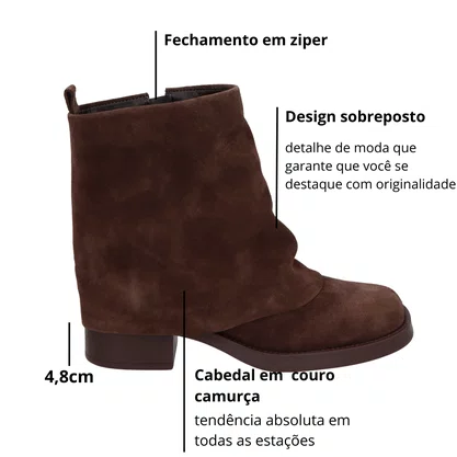 Bota Luiza Barcelos Feminina Cano Curto Sobreposto Coffee Couro Camurça