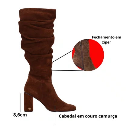 Bota Luz da Lua Feminina Cano Longo Trufa Couro Camurça