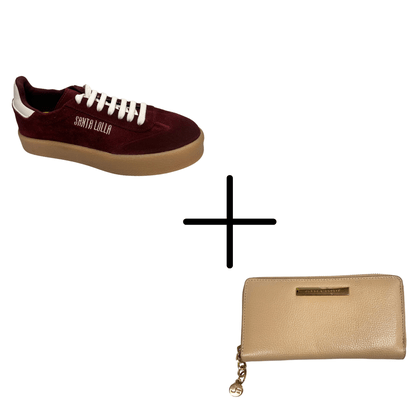 Kit Tênis Santa Lolla Feminino Merlot Couro Camurça + Carteira Jorge Bischoff Feminina Sand. Couro Kit Tênis Santa Lolla Feminino Merlot Couro Camurça + Carteira Jorge Bischoff Feminina Sand. Couro