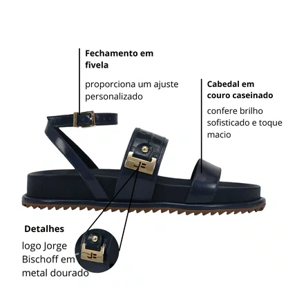 Sandália Birken Jorge Bischoff Feminina Marinho Couro Caseinado
