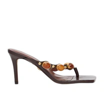 Sandália Lança perfume Feminina Salto Fino Pedraria Brown Couro
