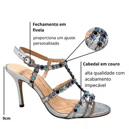 Sandalia Luiza Barcelos Feminina Salto Alto Cristais Prata Couro