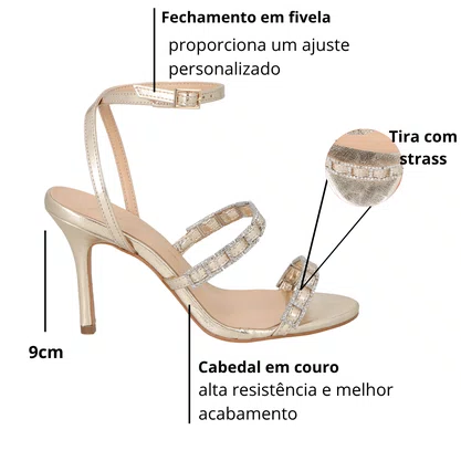 Sandália Luiza Barcelos Feminina Strass Dourada Couro 