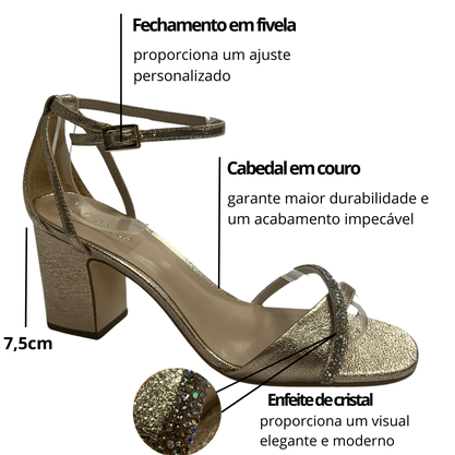 Sandália Luz da Lua Feminina Dourada Salto Bloco Couro