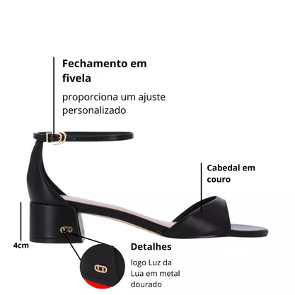 Sandália Luz da lua Feminina Salto Baixo Preta Couro