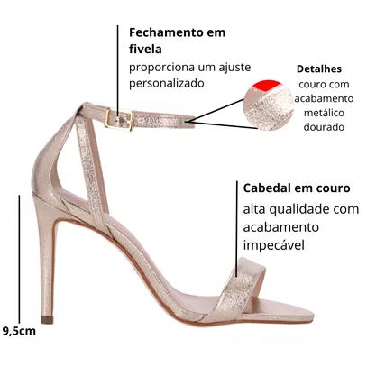 Sandália Luz da Lua Feminina Salto Fino Ouro Couro