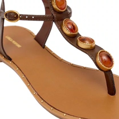 Sandália Rasteira Lança Perfume Feminina Pedraria Brown Couro
