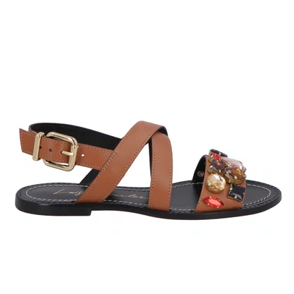 Sandália Rasteira Luiza Barcelos Pedras Multicor Caramelo Couro