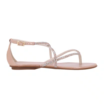 Sandália Rasteira Luz da Lua Feminina Ouro Cristal Couro