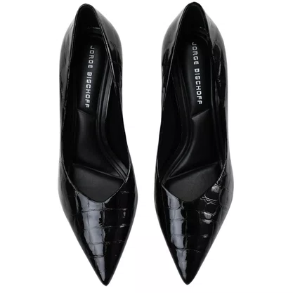 Scarpin Jorge Bischoff Feminino Preto Croco Couro Verniz