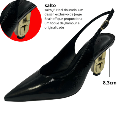 Slingback Jorge Bischoff Feminino Preto Salto Exclusivo Jb Heel Dourado Couro Brilhoso