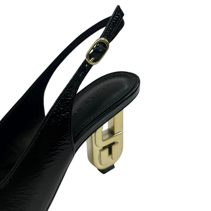 Slingback Jorge Bischoff Feminino Preto Salto Exclusivo Jb Heel Dourado Couro Brilhoso