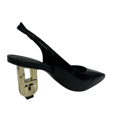 Slingback Jorge Bischoff Feminino Preto Salto Exclusivo Jb Heel Dourado Couro Brilhoso