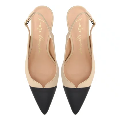 Slingback Luiza Barcelos Feminino Salto Médio Nata Preto Couro
