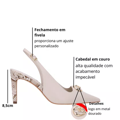 Slingback Luz da Lua Feminino Salto Fino Snake Panna Couro