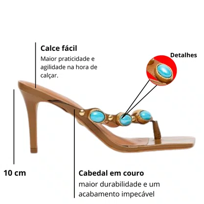 Tamanco Lança Perfume Feminina Salto Fino Pedraria Ambar Couro