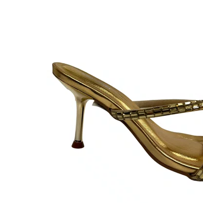 Tamanco Lança Perfume Feminino Tiras Strass Salto Fino Ouro